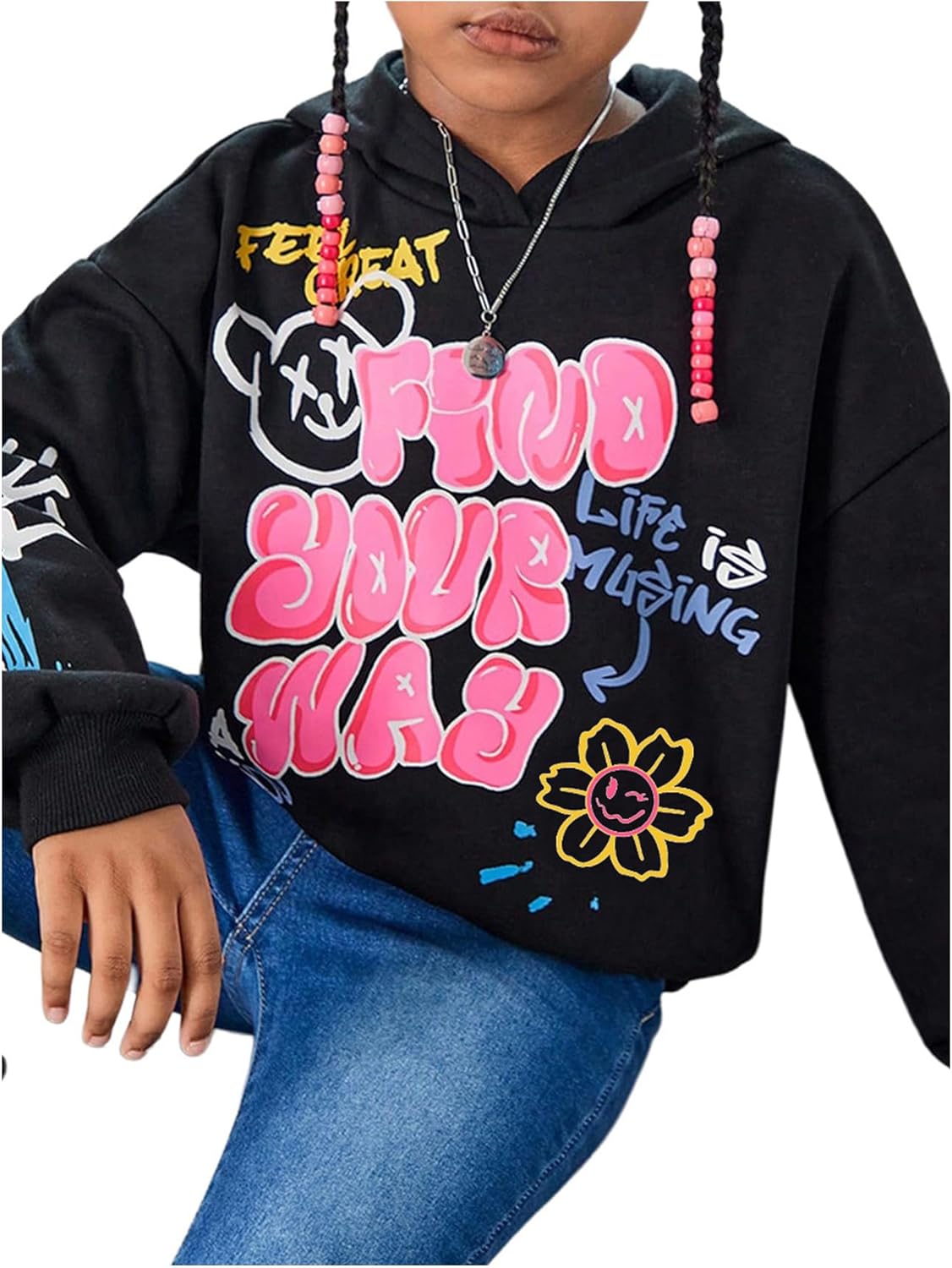 WDIRARA Girl's Cartoon Letter Graphic Hoodie Drop Shoulder Long Sleeve Pullover Sweatshirt - Image 5