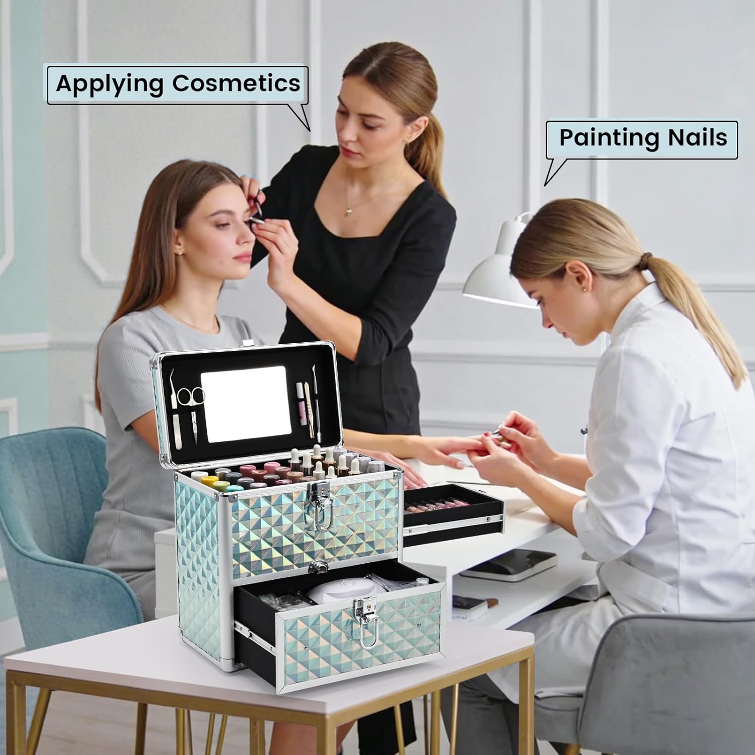 FRENESSA Extra Large Makeup Organizer Case Cosmetic Box Storage with Drawer Mirror Nail Manicure Accessory Organizer With Dividers Travel Nail Art Case for Makeup Artist Nail Tech Case Watery Blue - Image 2