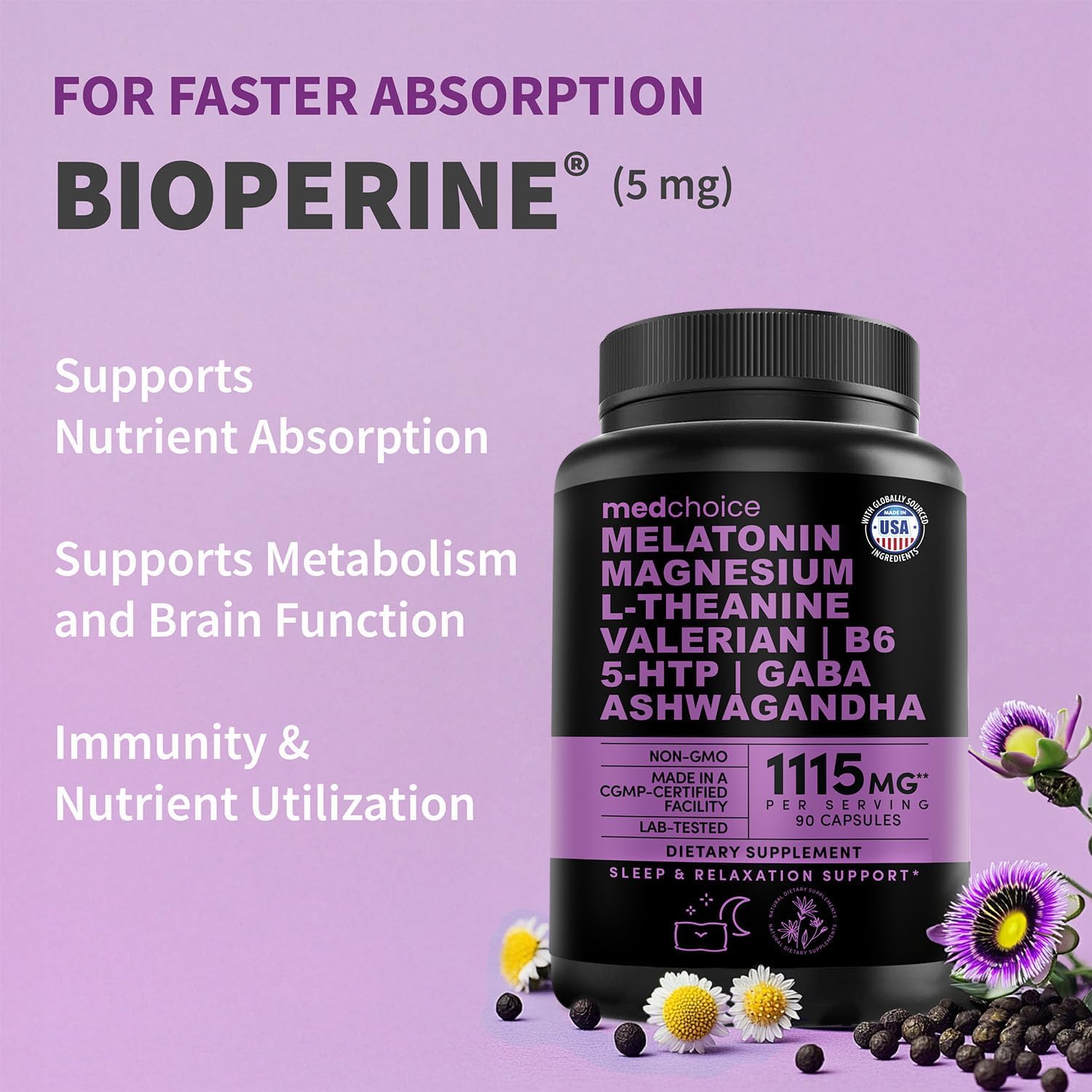 12-in-1 Melatonin Sleep Capsules - Natural Sleep Aids for Adults with Melatonin 5mg and Magnesium Glycinate 500mg, Sleep Aid with Ashwagandha, L Theanine, Valerian Root, GABA, 5-HTP (90ct, Pack of 1) - Image 8