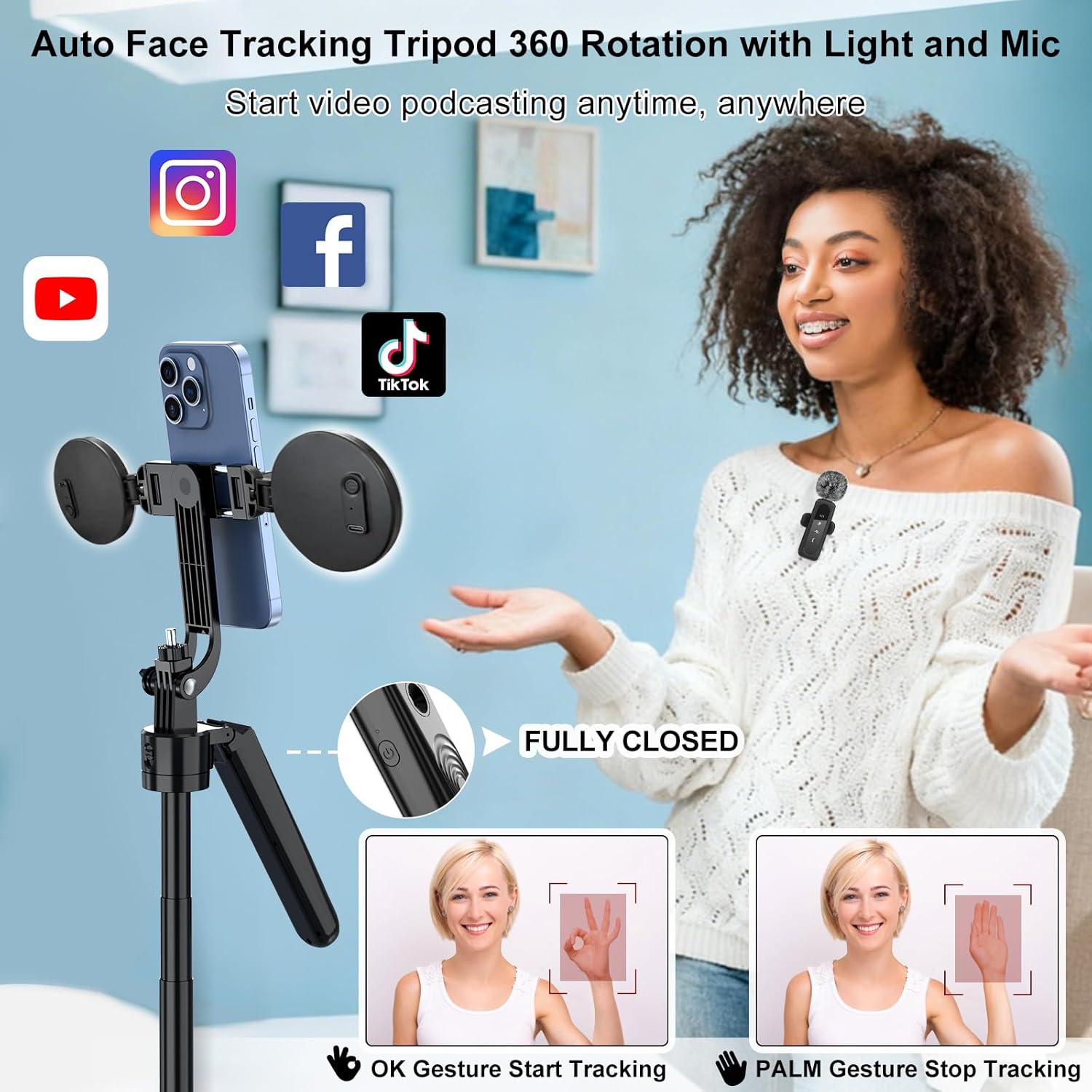 Content Creator Vlogging Kit for iPhone/Android,70-inch Auto Face Tracking Tripod for iPhone with Light and Wireless Microphones,TikTok/YouTube Starter Kit - Image 2