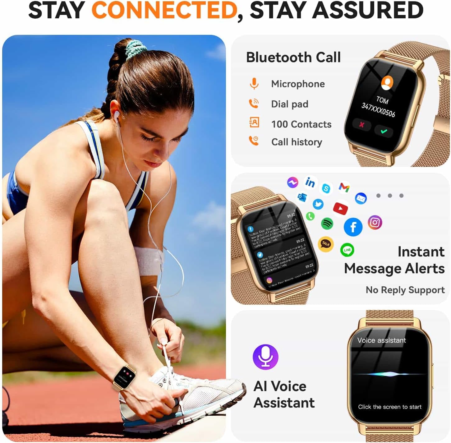 Smart Watch for Women(3 Bands), Smartwatch Fitness Tracker with Bluetooth Calls & AI Voice Control, 1.85’’ HD Screen, Heart Rate/SpO2 Monitor, Sleep Tracker, Compatible with Android iOS (Gold) - Image 2