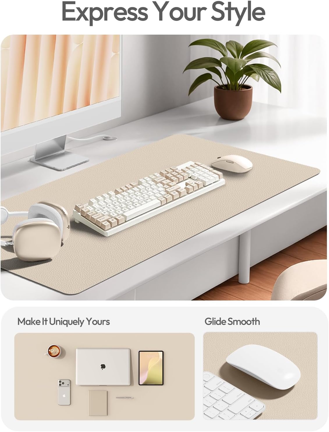 YSAGi Leather Desk Pad Protector, Office Desk Mat, Large Mouse Pad, Non-Slip PU Leather Desk Blotter, Waterproof Laptop Desk Writing Pad for Office and Home (23.6" x 13.8", Eggshell) - Image 2