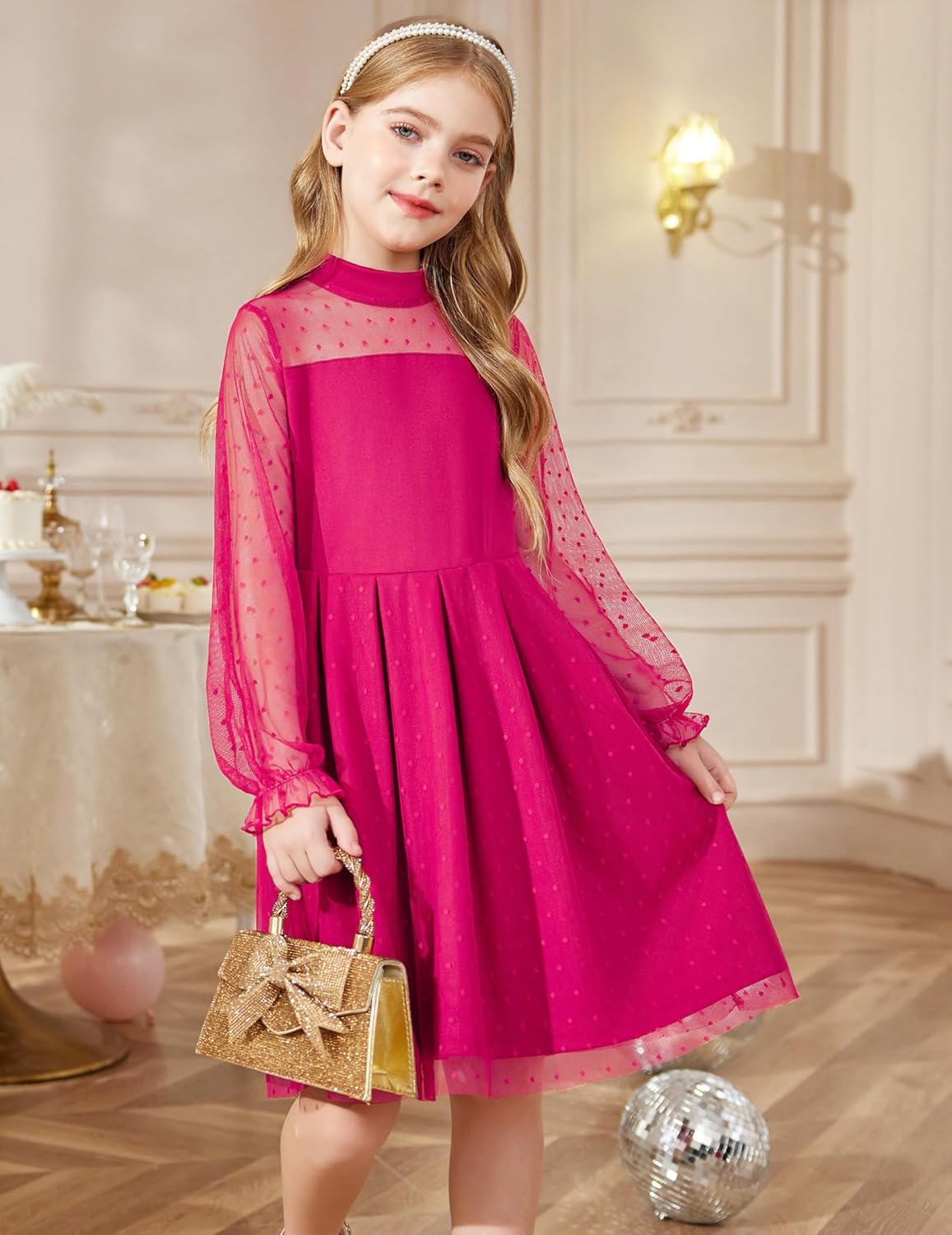 Arshiner Girls Dresses Contrast Mesh Puff Long Sleeve Mock Neck Formal Party A Line Short Tulle Dress - Image 2