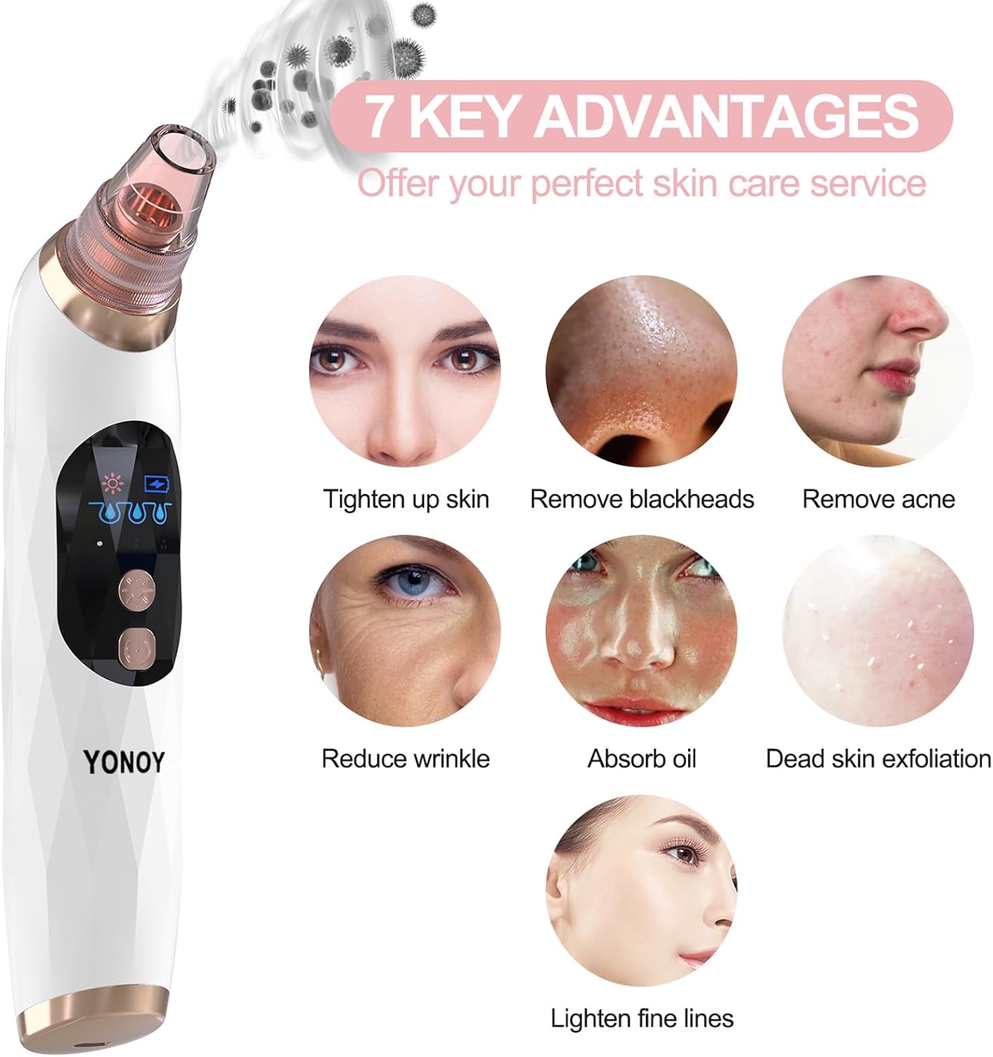 Blackhead Remover Pore Vacuum with Hot Compress-YONOY 2026 Upgraded Electric Face Cleaner Pore Extractor Pimple Extractor Acne White Heads Removal Tool with 5 Suction Head LCD Screen and Base - Image 2