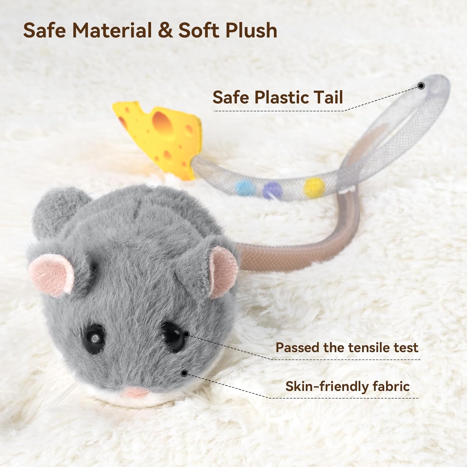 Migipaws Interactive MigiMouse Cat Toy 360° Rolling & Spin with Mesh Plastic Tail for Indoor Cats Smart Motion Sensor, Realistic Squeak, Rechargeable Plush Kitten Toy(Grey) - Image 5