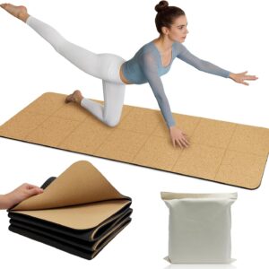 LILXIU Foldable Cork Yoga Mat 72 * 24 in 4 mm Thick Sweat Resistant with Rubber Base Hot Yoga Mat with Storage Bag Lightweight Grip Mats for Travel and Pilates Fitness Home Workouts