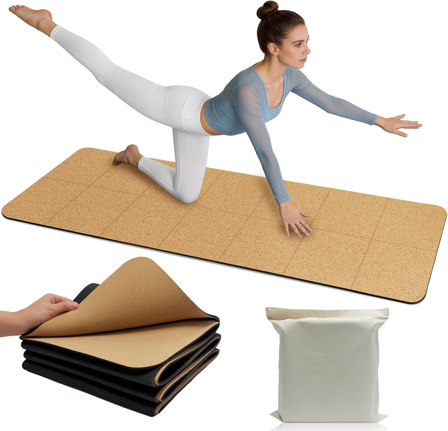 LILXIU Foldable Cork Yoga Mat 72 * 24 in 4 mm Thick Sweat Resistant with Rubber Base Hot Yoga Mat with Storage Bag Lightweight Grip Mats for Travel and Pilates Fitness Home Workouts