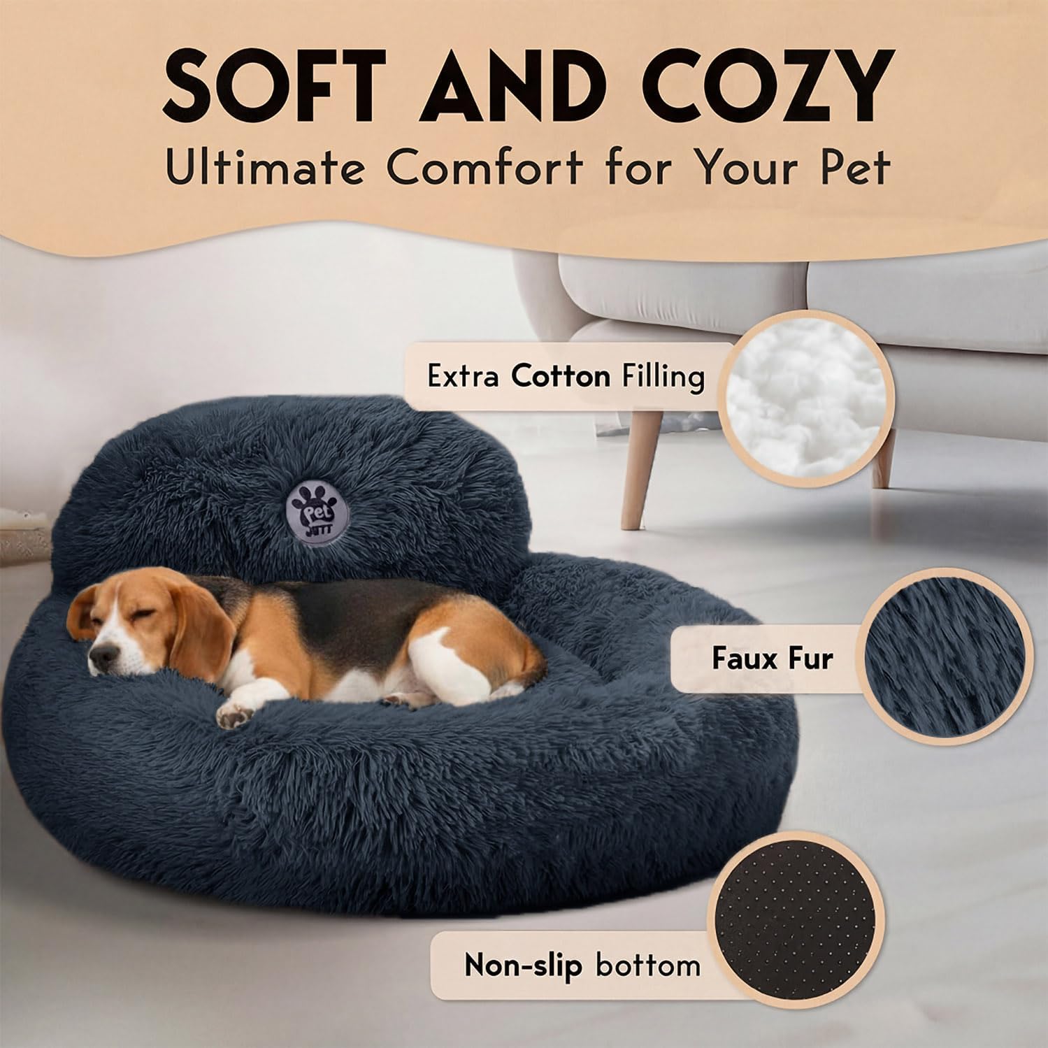PetJett Calming Dog Bed Medium Size Dog - 30'' Donut Bed, Washable Dog Bed, Anti-Slip & Super Soft Fluffy Plush Round Dog Bed, Anti-Anxiety Premium Comfort Pet Bed, Fits Dogs Upto 45 lbs - Dark Grey - Image 3