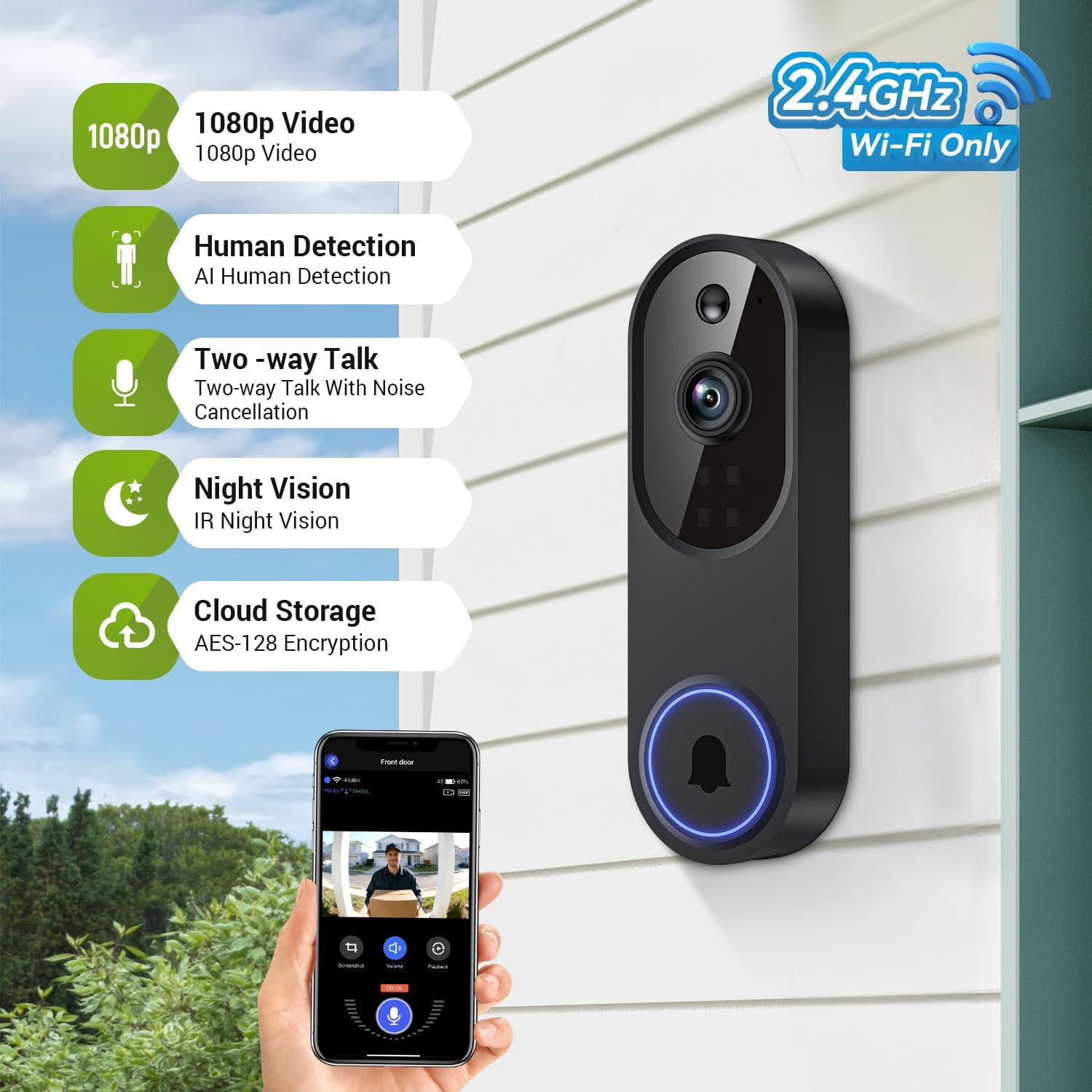 Lunelyx 1080P Wireless Video Doorbell Camera, Outdoor Surveillance Cameras, FHD Live View, Cloud Storage, AI Human Detection, Instant Alert, Night Vision, Two Way Audio, 2.4G WiFi Only - Image 2