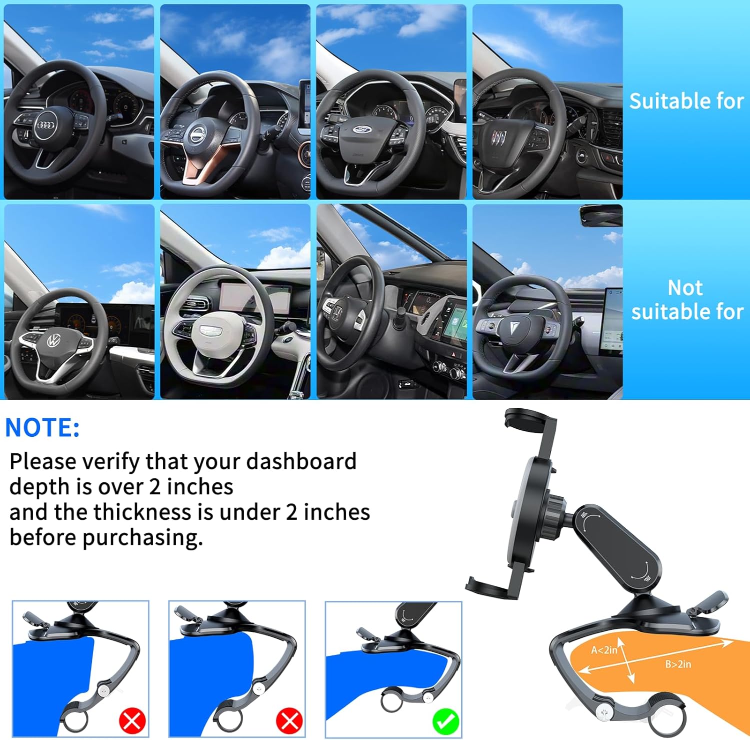 Universal 360° Rotating Dashboard Phone Holder for Car - Spring Clip Car Phone Mount, No Adhesive No Tools, Multi-Angle Adjustable Clip-On Holder for 4-7 inches Smartphones (Black) - Image 2