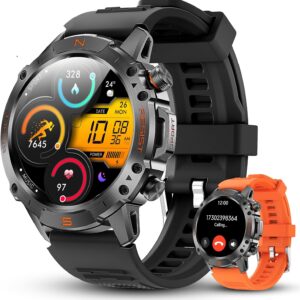 WalkerFit Outdoor Smart Watch for Men, 1.43″ AMOLED Black Silicone Band, 5ATM Waterproof for Hiking Climbing Trail Run Swim, 170+ Sports, Compass Heart Rate SpO2, Adventure Watch for iPhone Android