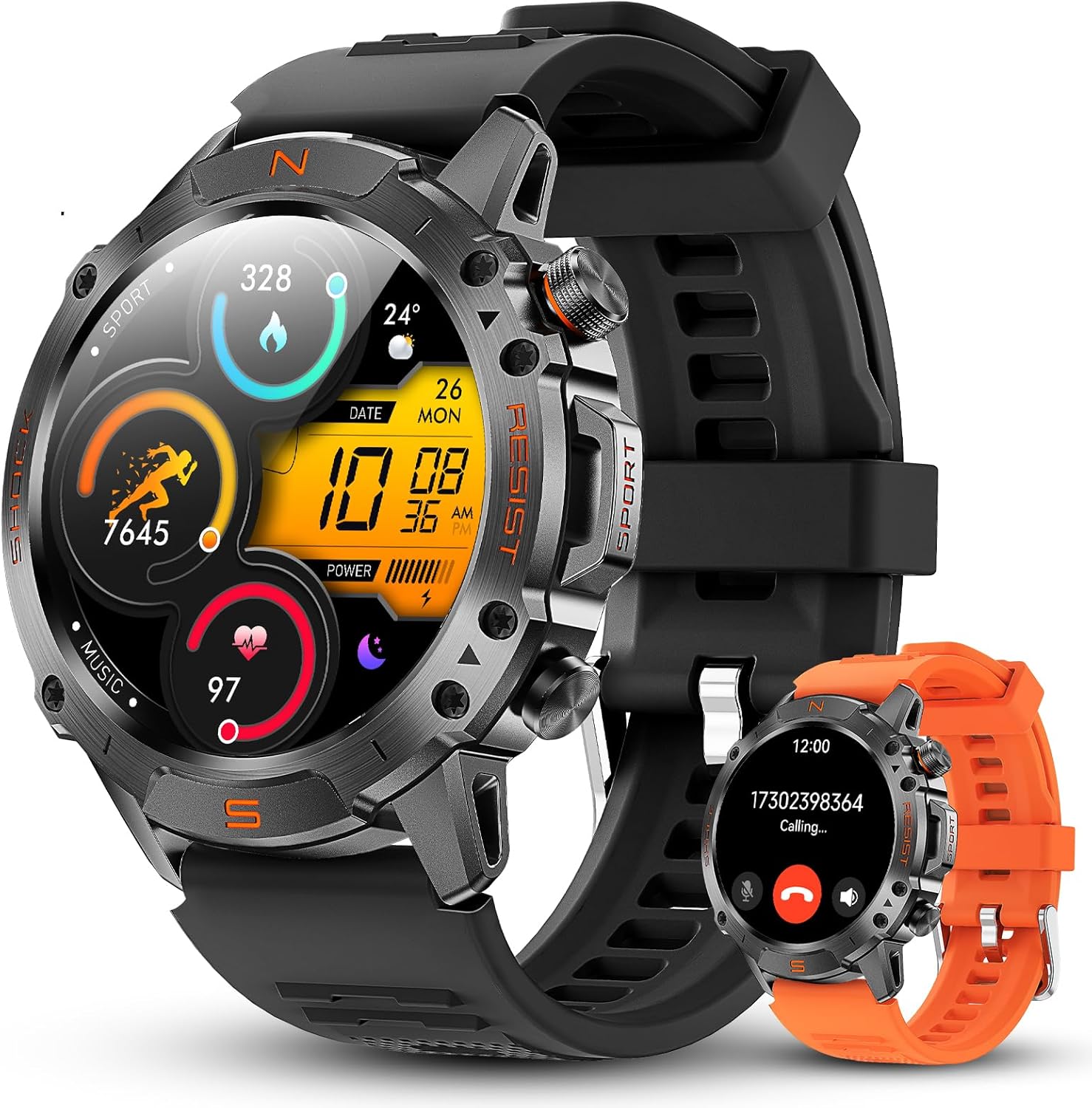 WalkerFit Outdoor Smart Watch for Men, 1.43" AMOLED Black Silicone Band, 5ATM Waterproof for Hiking Climbing Trail Run Swim, 170+ Sports, Compass Heart Rate SpO2, Adventure Watch for iPhone Android