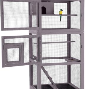 GUTINNEEN Bird Cage Outdoor Wooden Aviary Indoor, 70″ H Large Parrot Cage with 4 Casters, Flight Bird Cages for Parrot Lovebirds Finches(Grey)