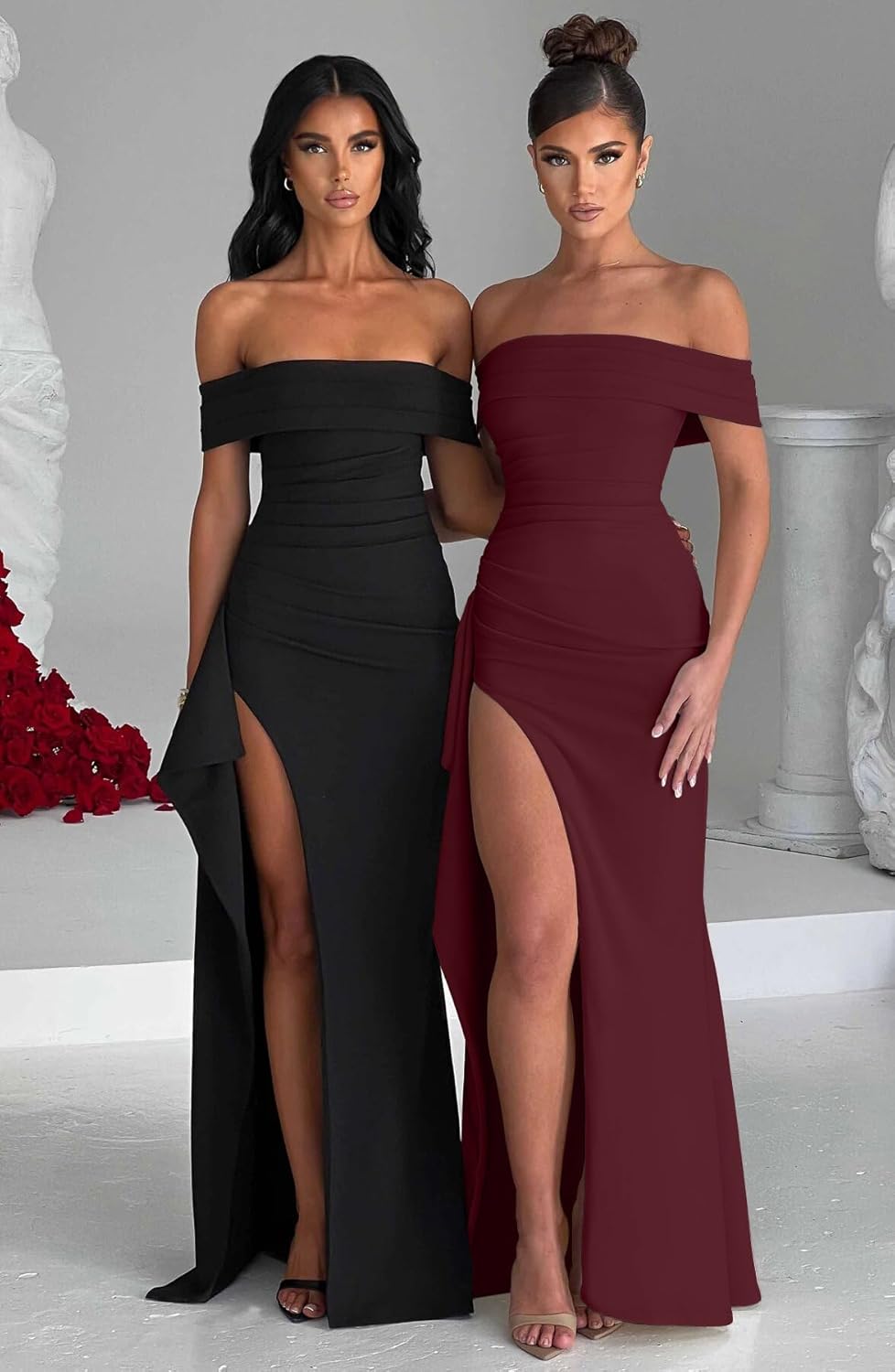 LAGSHIAN Women's Elegant Bodycon Off Shoulder Sleeveless High Split Ruched Long Formal Evening Dress - Image 4
