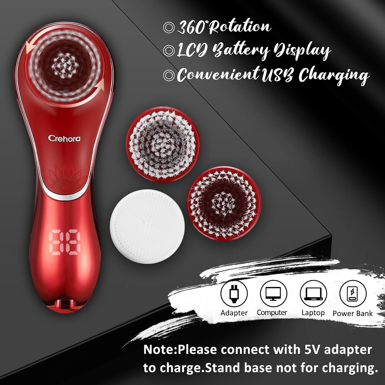 Facial Cleansing Brush, Electric Face Scrubber, Facial Cleansing Brush Rechargeable IPX-7 Waterproof Rotating Face Scrubber for Exfoliating, Massaging and Deep Cleansing with 4 Brush Heads - Image 5
