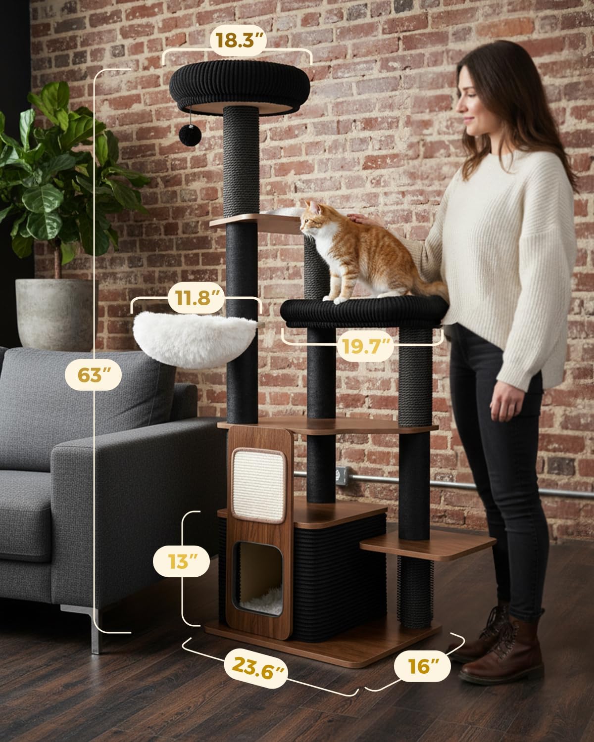 63" Modern Cat Tree Tower for Indoor Cats, Heavy Duty Cat Trees for Large Cat, Adult Maine Coon Cat Tree Tower with Scratching Post, Extra Large Top Perch, Cat Condos (Black) - Image 6