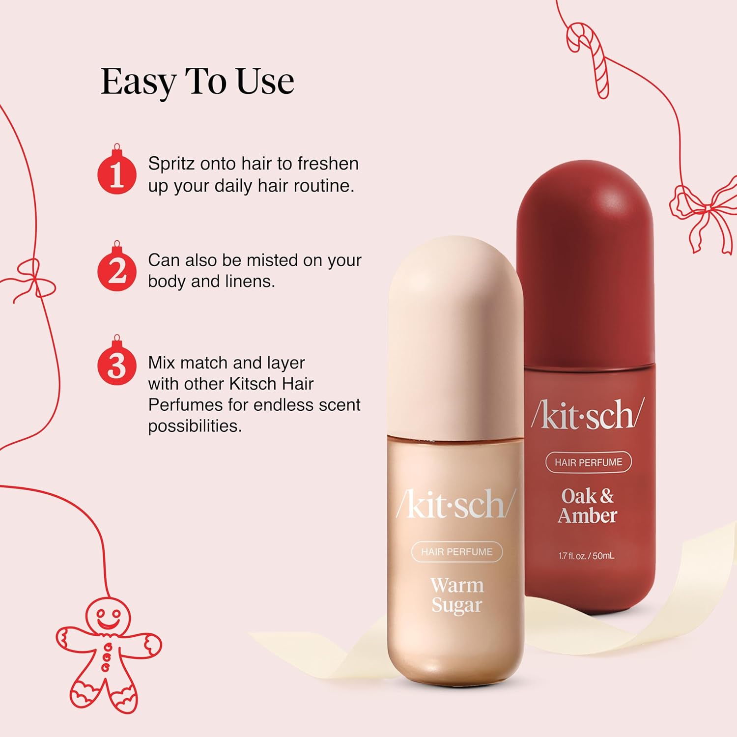 Kitsch Hair Perfume for Women- Warm Sugar and Oak & Amber | Clean, Deodorizing & Patented Odor-Eliminating Technology Hair Spray & Body Mist- Freshen Hair, Pillows | Ideal Gifts for Women - 50mL, 2pcs - Image 9