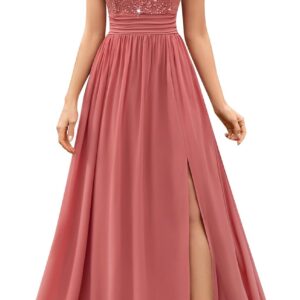 Miusol Women’s Vintage V-Neck Sleeveless Sequined Split Formal Evening Maxi Dress