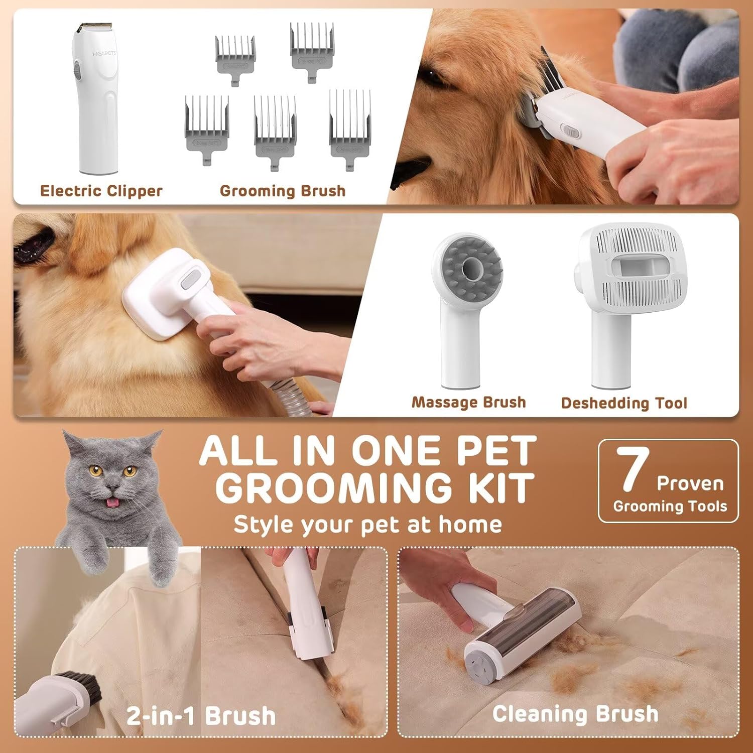 HEAPETS Dog Grooming Vacuum Kit - 3L Vacuum with 7 Tools, Low Noise Electric Clipper and Brush for Pet Shedding at Home, White - Image 4