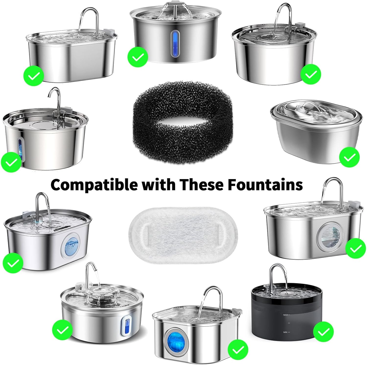 Wonder Creature 16 Pack Cat Water Fountain Filter Replacement, 4+4/8+8/12+12/16+16 Pack for Stainless Steel Cat Fountain 2L/67oz and 3.2L/108oz, 8 Carbon Filters & 8 Pre-Filter Sponges - Image 2