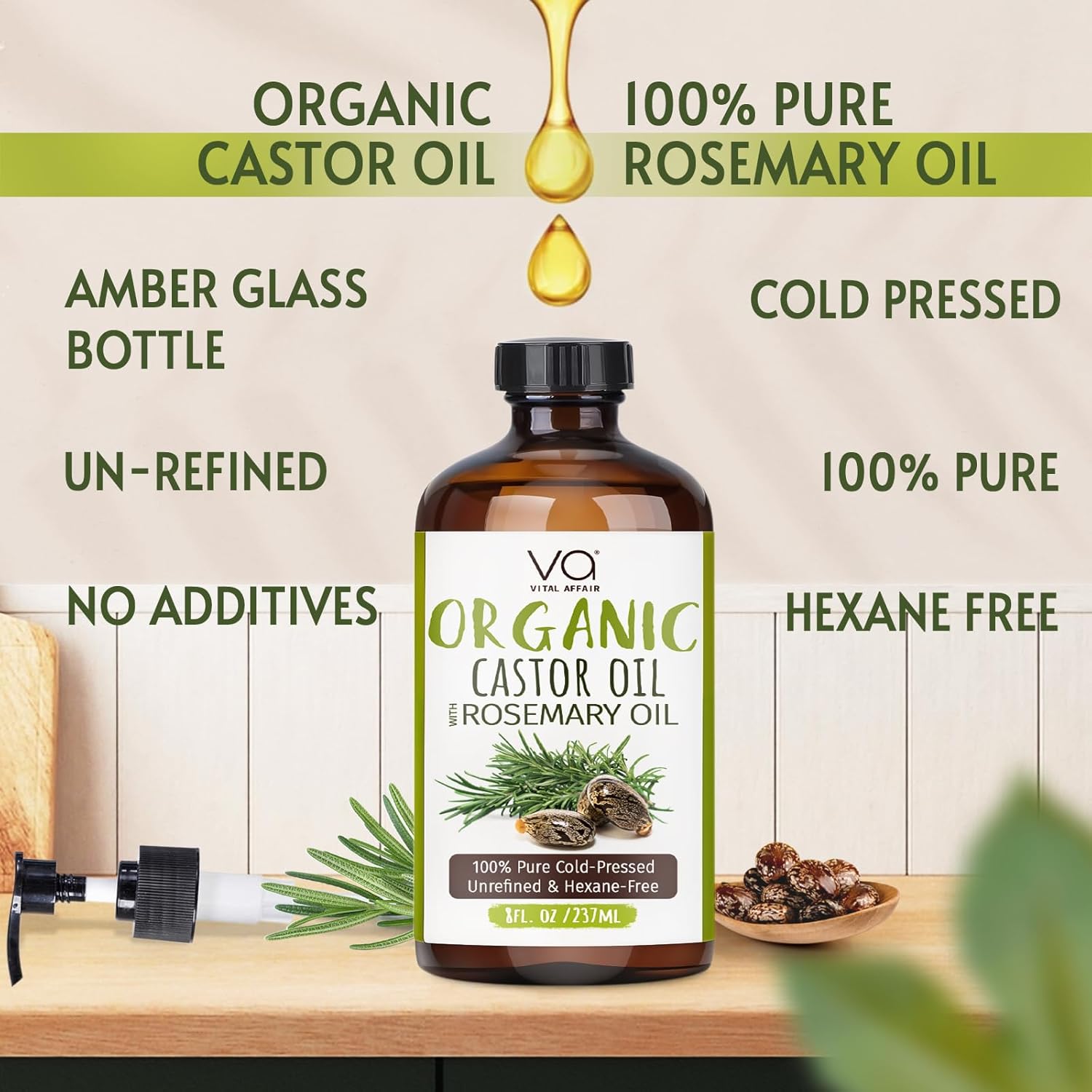 VITAL AFFAIR Organic Castor Oil With Rosemary Oil For Hair Growth - 100% Pure Rosemary Hair Oil With Pure Castor Oil Cold Pressed Unrefined Glass Bottle - Strengthening & Volumizing 8 Fl Oz - Image 2