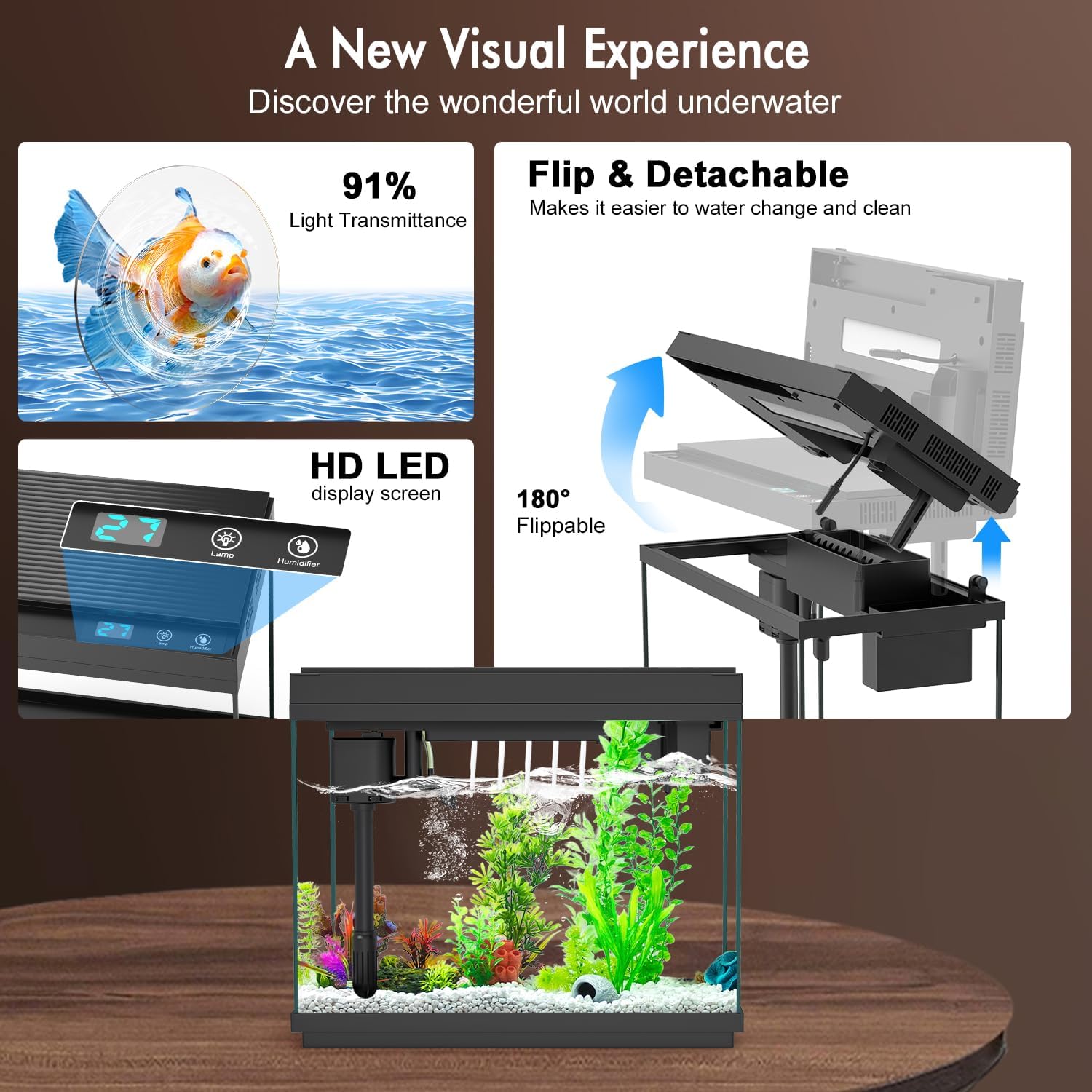 Smart Aquarium Fish Tank with Silent Water Pump, 2.4 Gallon Small Aquarium with Quick Start Kit, Temperature Display, Humidifier and RGB Lights, Perfect for Home, Office, and Decor, Black - Image 3