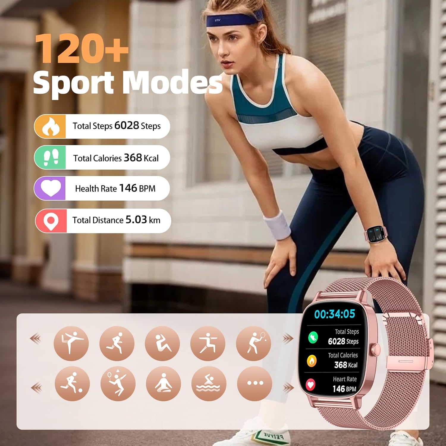 Smart Watch for Women, Answer/Make Call,1.85'' Ultra-Clear Screen Fitness Tracker with Heart Rate/Sleep/SpO2 Monitor,Smartwatch for iPhone/Samsung/Android,120+ Sport Modes,IP68 Waterproof with 2 Bands - Image 5