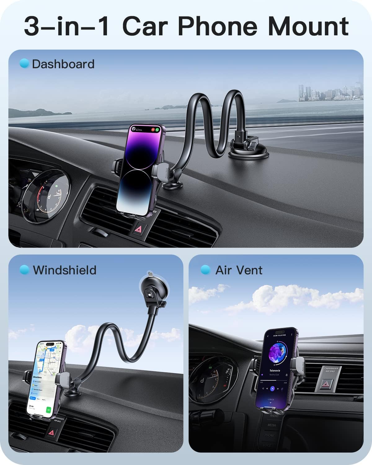 APPS2Car 13" Gooseneck Phone Mount for Car Windshield Dashboard Vent, Cell Phone Holder for Car Truck with Strong Suction Cup, Anti-Shake Stabilizer, One-Hand Operation, Fits Most Smartphones - Image 7