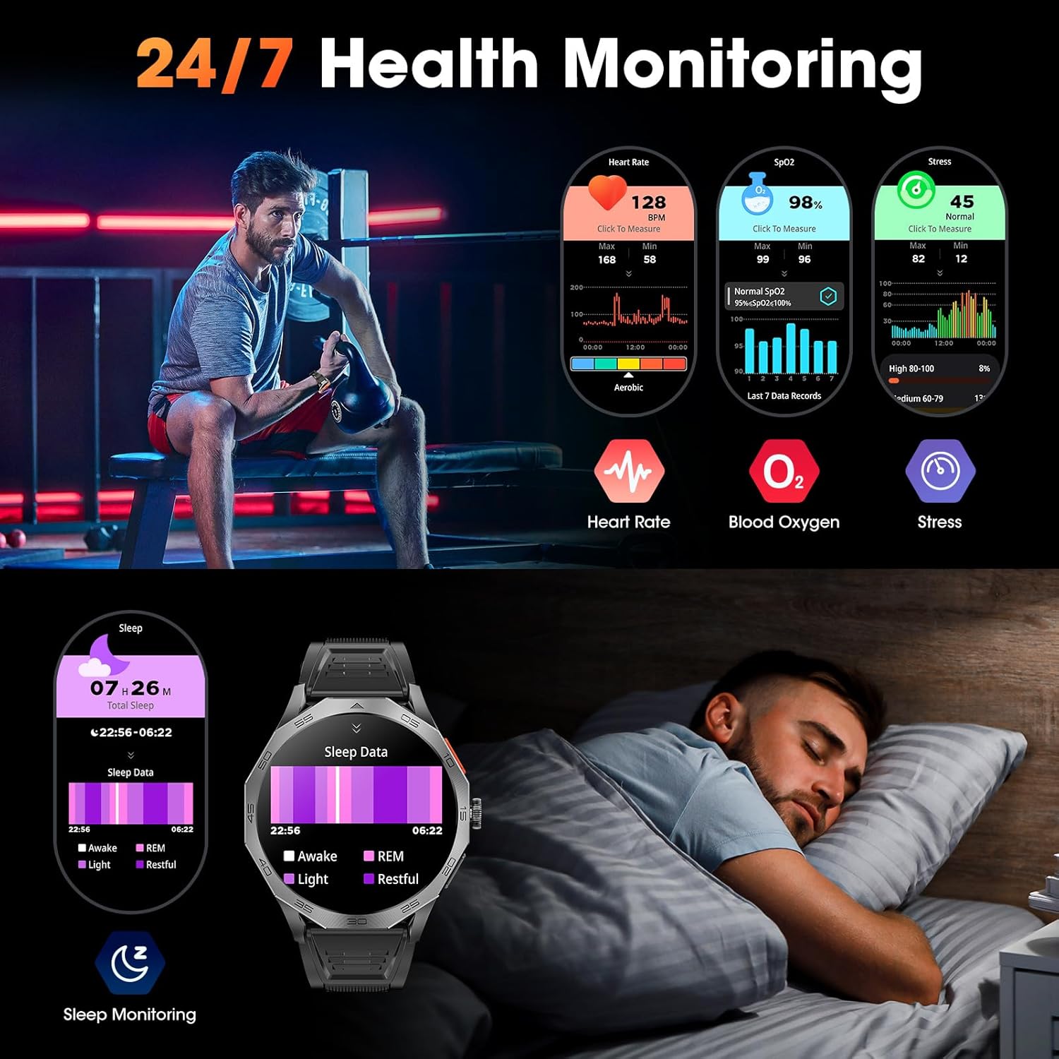 Military Smart Watch for Men 1.85" HD Ultra Screen Touch Screen 710mAh Battery Smart Watches for Android iOS (Bluetooth Call Answer/Dial Calls) Fitness Tracker with 100+ Sports - Image 6