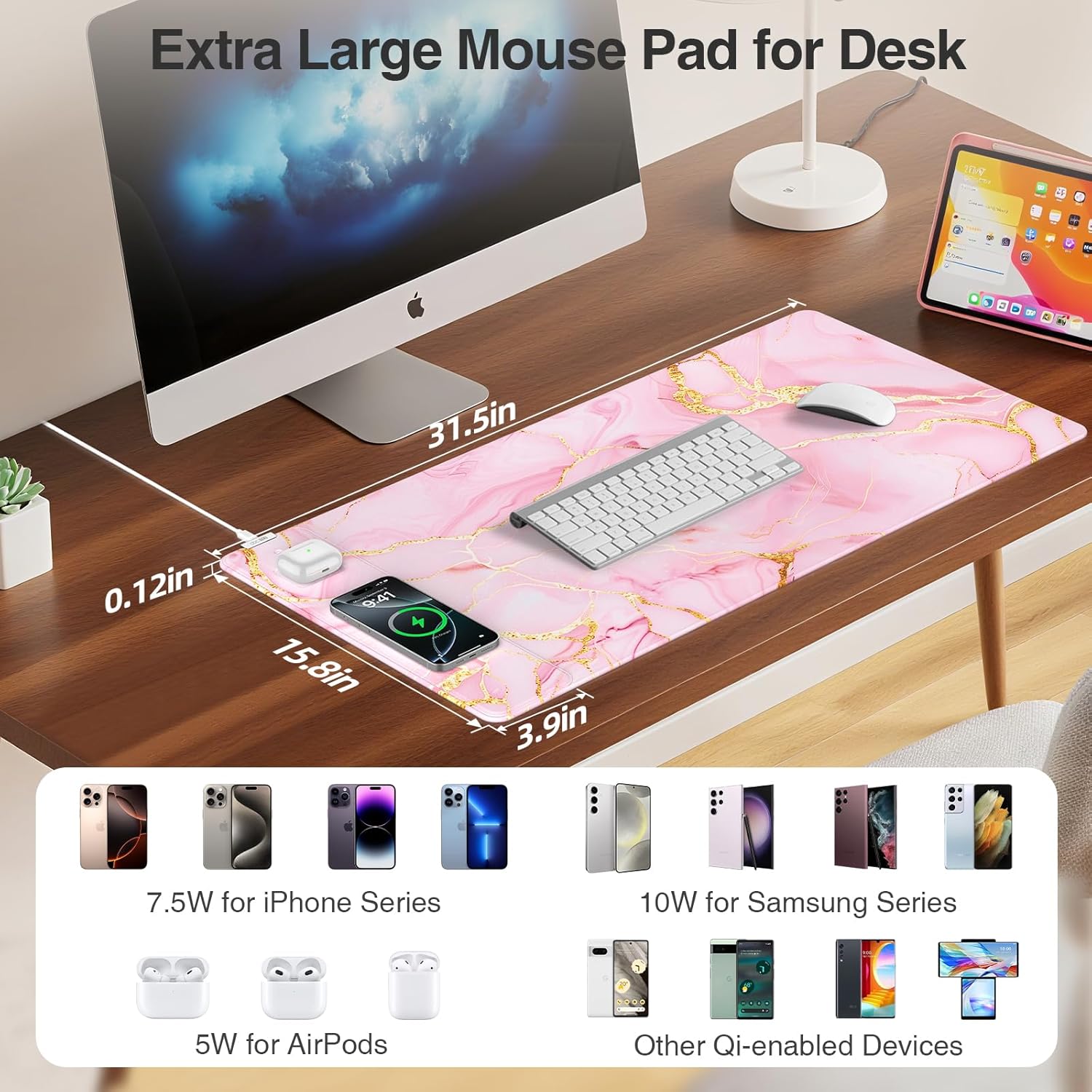 Pink Marble Mouse Pad with 15W Wireless Charging, 31.5"x15.8" Large Gaming Desk Pad/Mat for Women Girls, Waterproof Ultra-Smooth Surface, Non-Slip Base, with 20W PD Adapter - Image 3