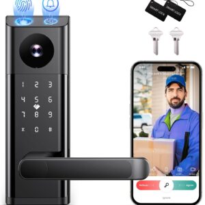 Smart Lock with Camera & Doorbell, 3-in-1 Keyless Entry Door Lock with Handle, Built-in WiFi Camera Smart Lock for Front Door, Fingerprint, Keypad Code, App Control, Auto Lock