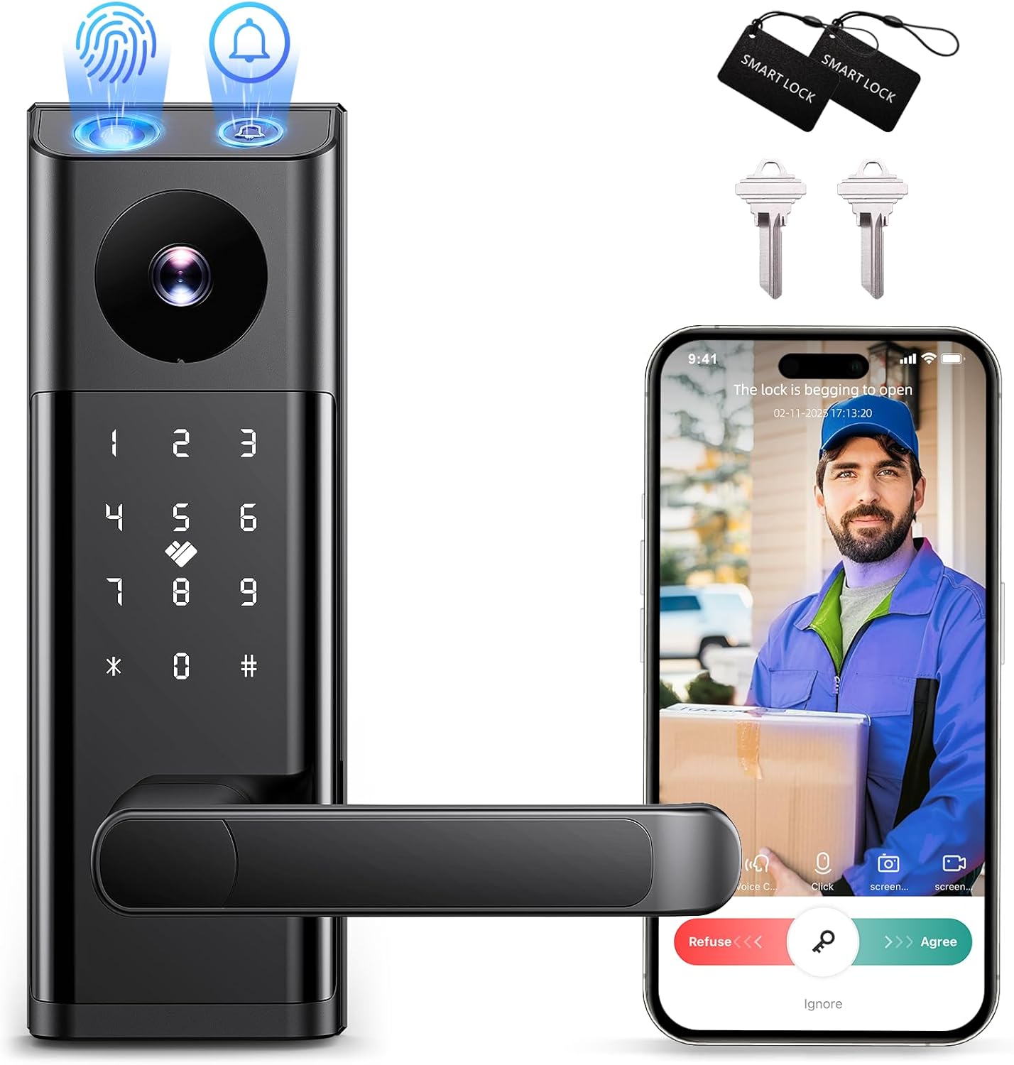 Smart Lock with Camera & Doorbell, 3-in-1 Keyless Entry Door Lock with Handle, Built-in WiFi Camera Smart Lock for Front Door, Fingerprint, Keypad Code, App Control, Auto Lock