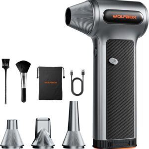 WOLFBOX MF200 Compressed Air Duster with Removable Battery & 4 Nozzles, Cordless 3-Speed Adjustable Mini Blower for Computer Keyboard, Car Cleaning, Home, and Outdoor Use
