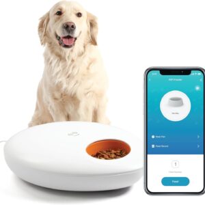 Geeni Smart Pet Feeder for Wet or Dry Food, 5-Meal Automatic Dog and Cat Feeder with Ice Packs, Programmable Timer, Battery Backup, Alexa and Google Home Compatible, White