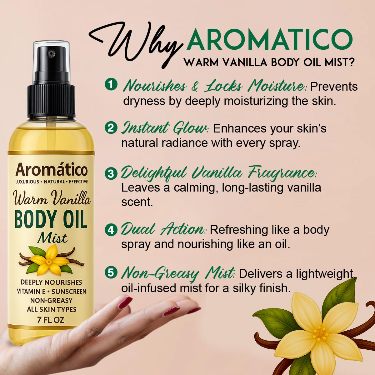 Aromatico Warm Vanilla Body Oil Mist for Women – 7 fl oz | Lightweight, Non-Sticky, Spray-on formula for Daily use After Shower | Moisturized, Soft, Glowing Skin | Cozy, Creamy Vanilla Scent - Image 4