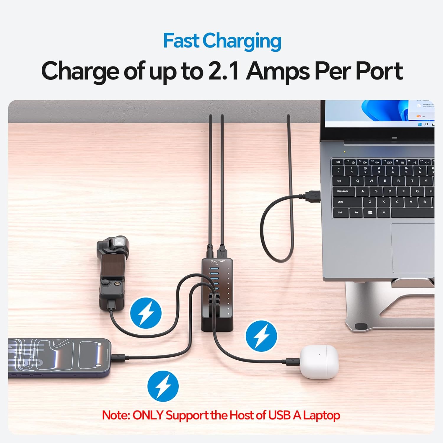 USB 3.0 Hub, 10Ports USB-Hub with 7 USB-3.0 & 3 BC1.2 Ports, Multi USB 60W Data Hub Compatible for USB A Laptops, PC, All USB Devices, Mobile and HDD, USB 3.1 Splitter - Image 3