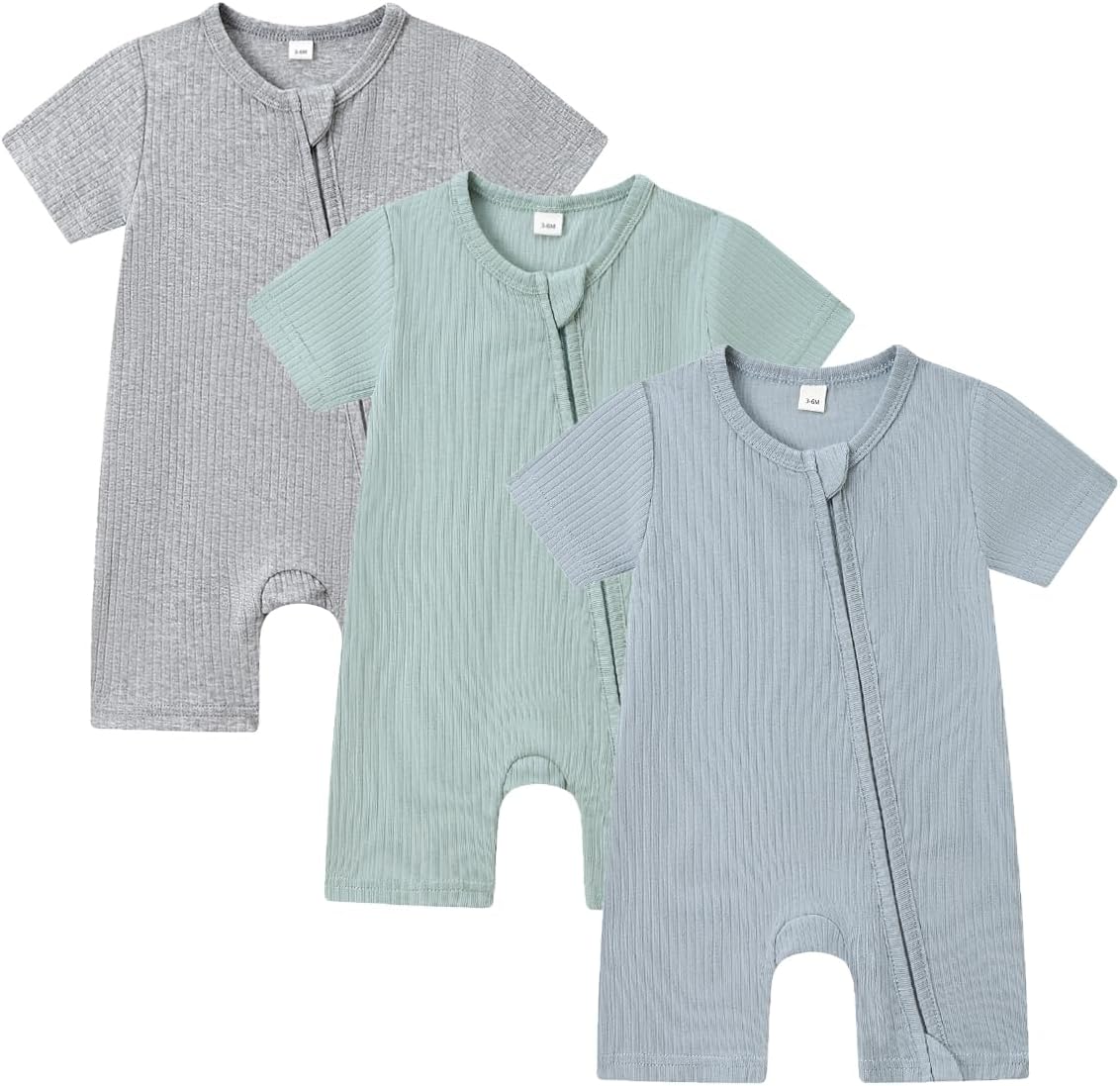Bafeicao Baby Boy Girl 3 Pack Short Sleeve Rompers Ribbed Cotton 2 Way Zipper Solid Romper One Piece Jumpsuits Clothes