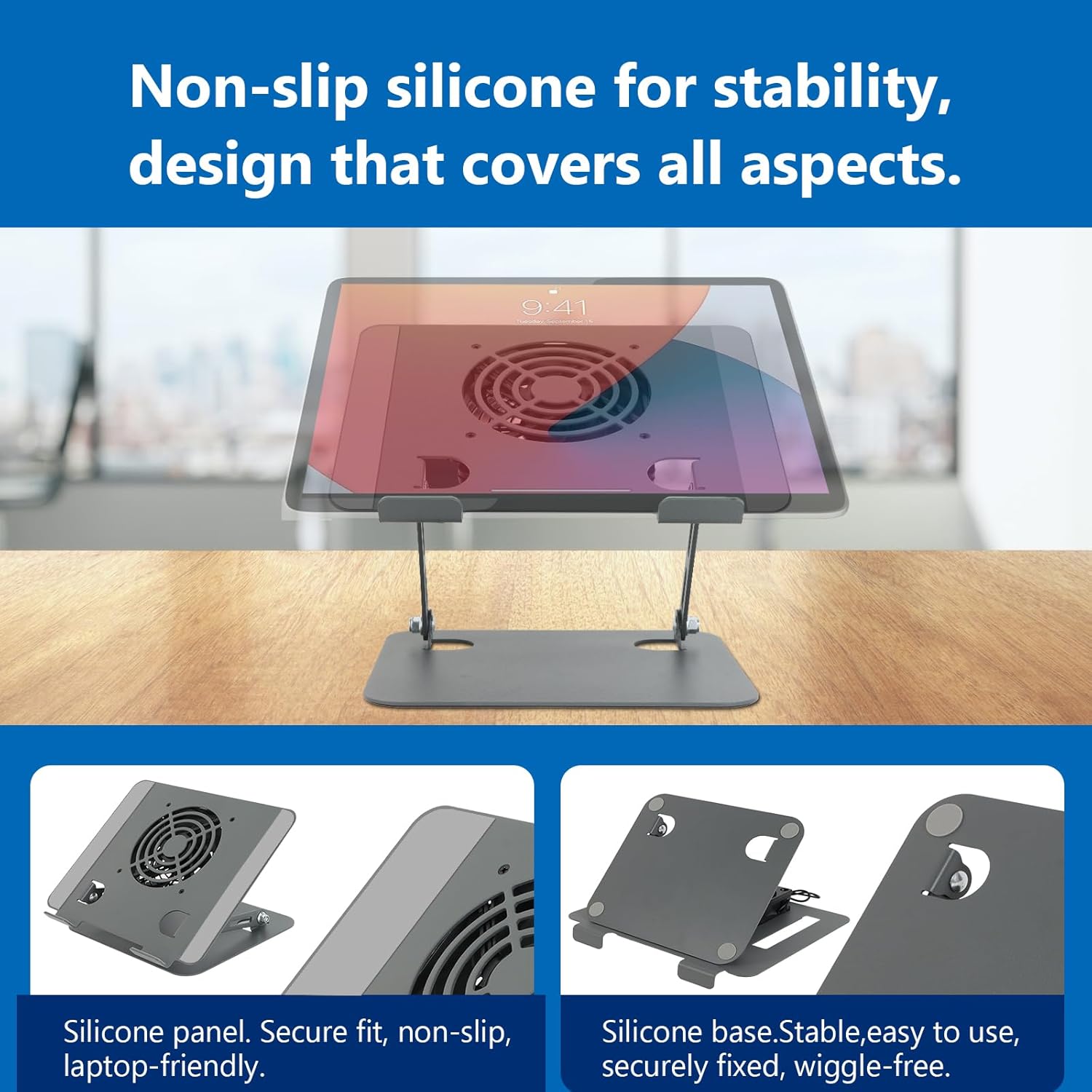 Laptop Cooling Stand with Fan and One Key Switch - Ergonomic Adjustable Height Desk Stand for All 10-16”Laptops & Tablets - Image 2