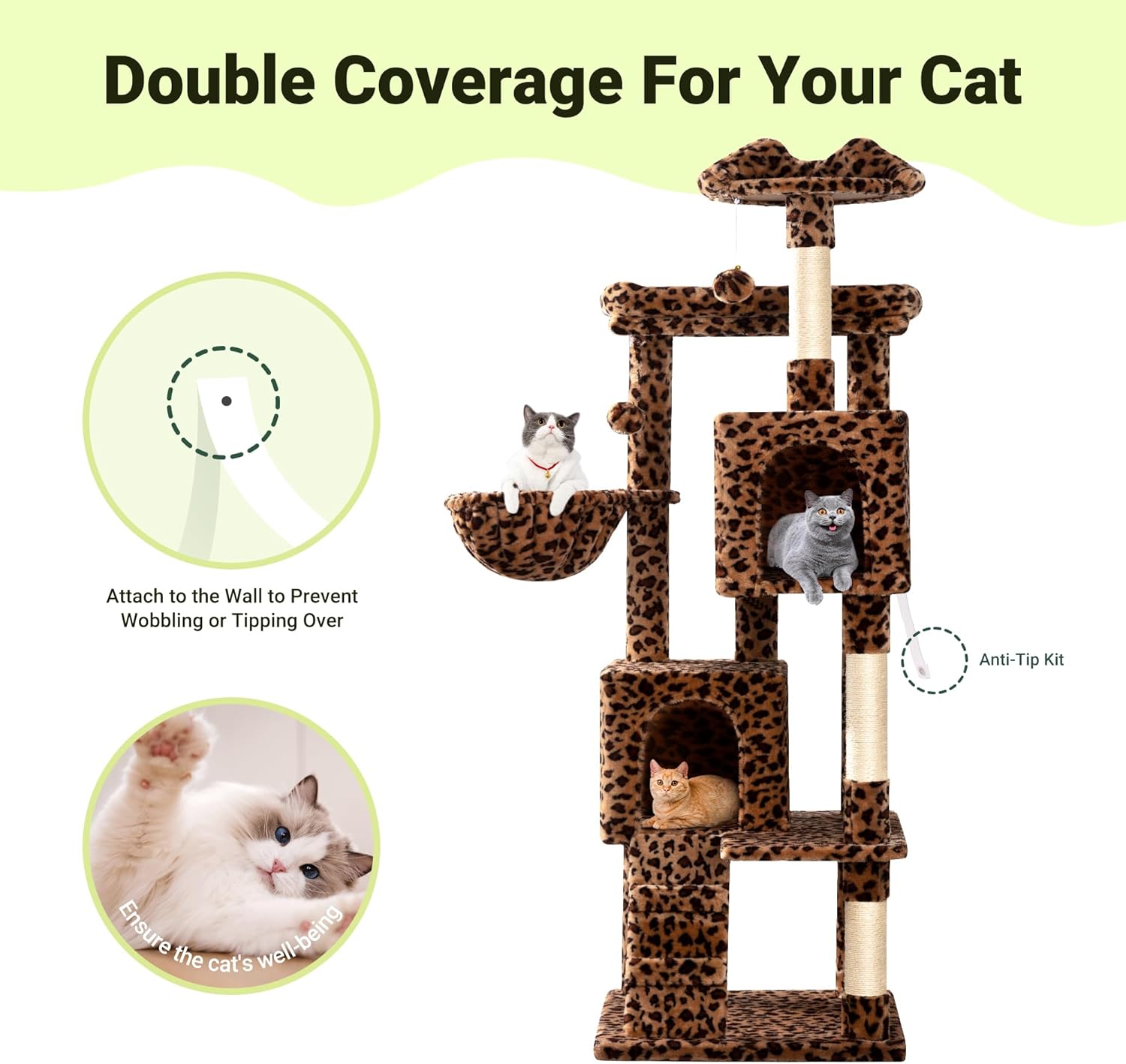 Allewie 64 Inches Cat Tree Tower/Multi-Level Activity Center for Indoor Big Felines/2 Plush Condos/2 Perchs/Basket/House/Sisal Scratching Posts/Hanging Cat Toys/Leopard Print - Image 7