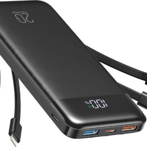 charmast 20000mAh Portable Charger with Built in Cables, 22.5W Travel Power Bank Fast Charging, USB C Cell Phone Battery Pack for iPhone 16/15/14/13/12/11 Series, iPad, Samsung, Android, Tablet