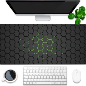 Desk Pad, Green Honeycomb Science Technology Extended Gaming Mouse Pad Large, 35.4″x15.7″ Big Mouse Pad with Non-Slip Base and Stitched Edge, Long Computer Keyboard Mouse Mat for Home Office Work