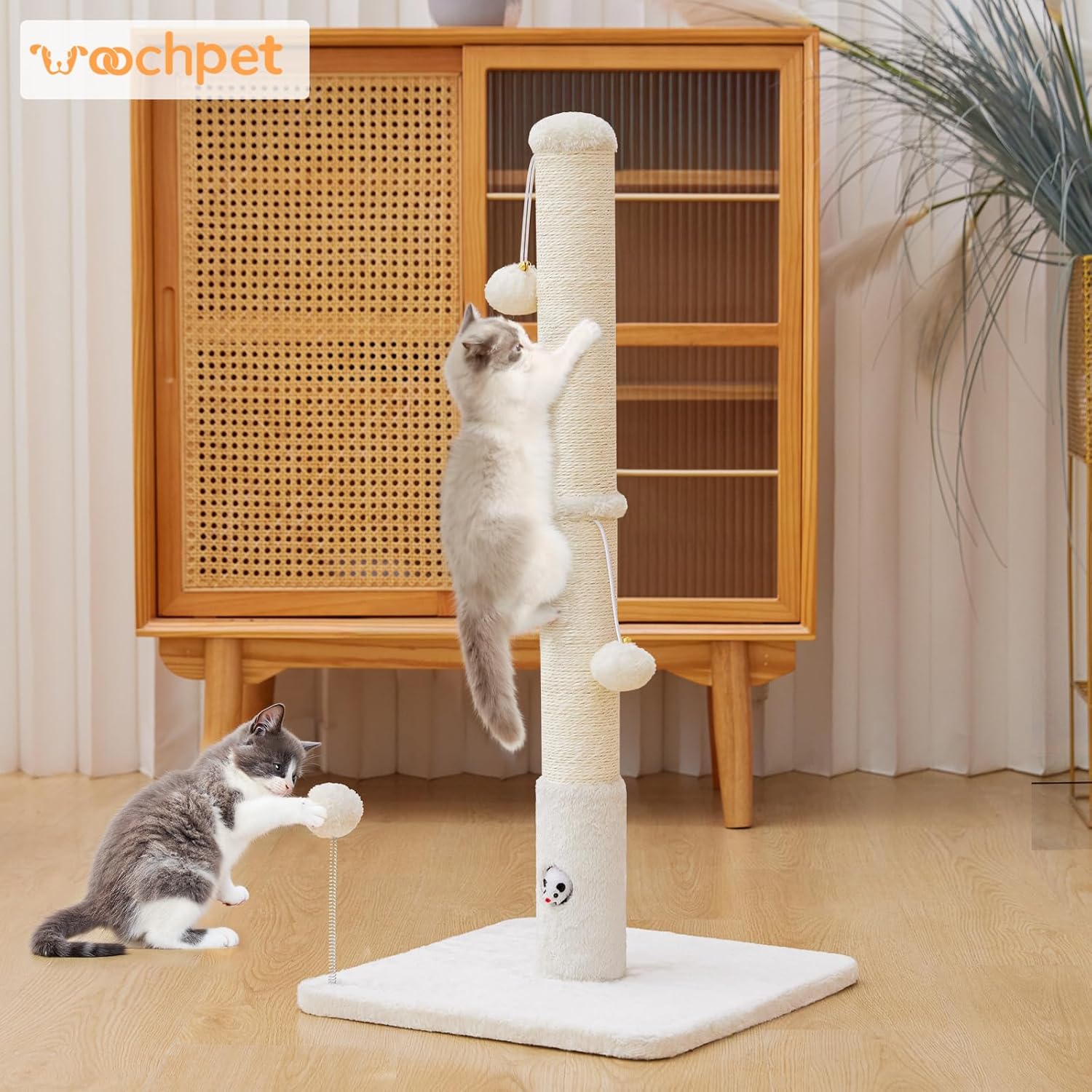 Woochpet Cat Scratching Posts 33" for Adults Cats, Cat Scratcher with Soft Fabric Covering Base and Durable Sisal Rope, Scratcher with Fun Mouse Hole and Cat Toy for Tall Cats (White) - Image 7