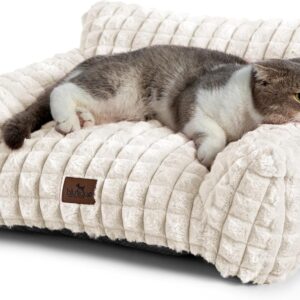Cat Beds for Indoor Cats – Cute Cat Couch Bed Fluffy Pet Sofa with Faux Rabbit Fur Washable Cover, Fuzzy Pet Couch in 3D Diamond Pattern, Suppportive Large & Small Cats Sofa, 24inch Off White