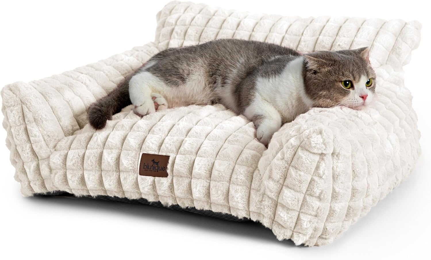 Cat Beds for Indoor Cats - Cute Cat Couch Bed Fluffy Pet Sofa with Faux Rabbit Fur Washable Cover, Fuzzy Pet Couch in 3D Diamond Pattern, Suppportive Large & Small Cats Sofa, 24inch Off White