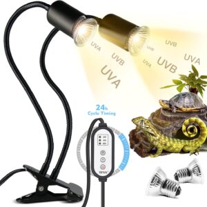 TFNN Reptile Heat Lamp, Double-Head Heat Lamp with Clamp, UVA UVB Reptile Light with Intelligent Cycle Timer for Turtle, Bearded Dragon, Lizard and More, 2 Bulbs 25W+50W