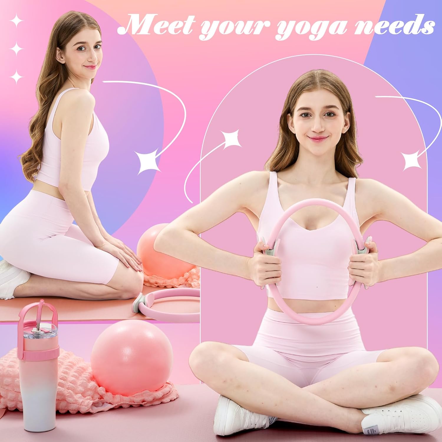 Poen 7 Pcs Pilates Essentials Kit for Women Home Workout Pilates Equipment Ring and Ball Set with 11.81 Inch Circle 9.84 Inch Yoga Ball Resistance Bands Cup Bag Socks for Beginners - Image 4