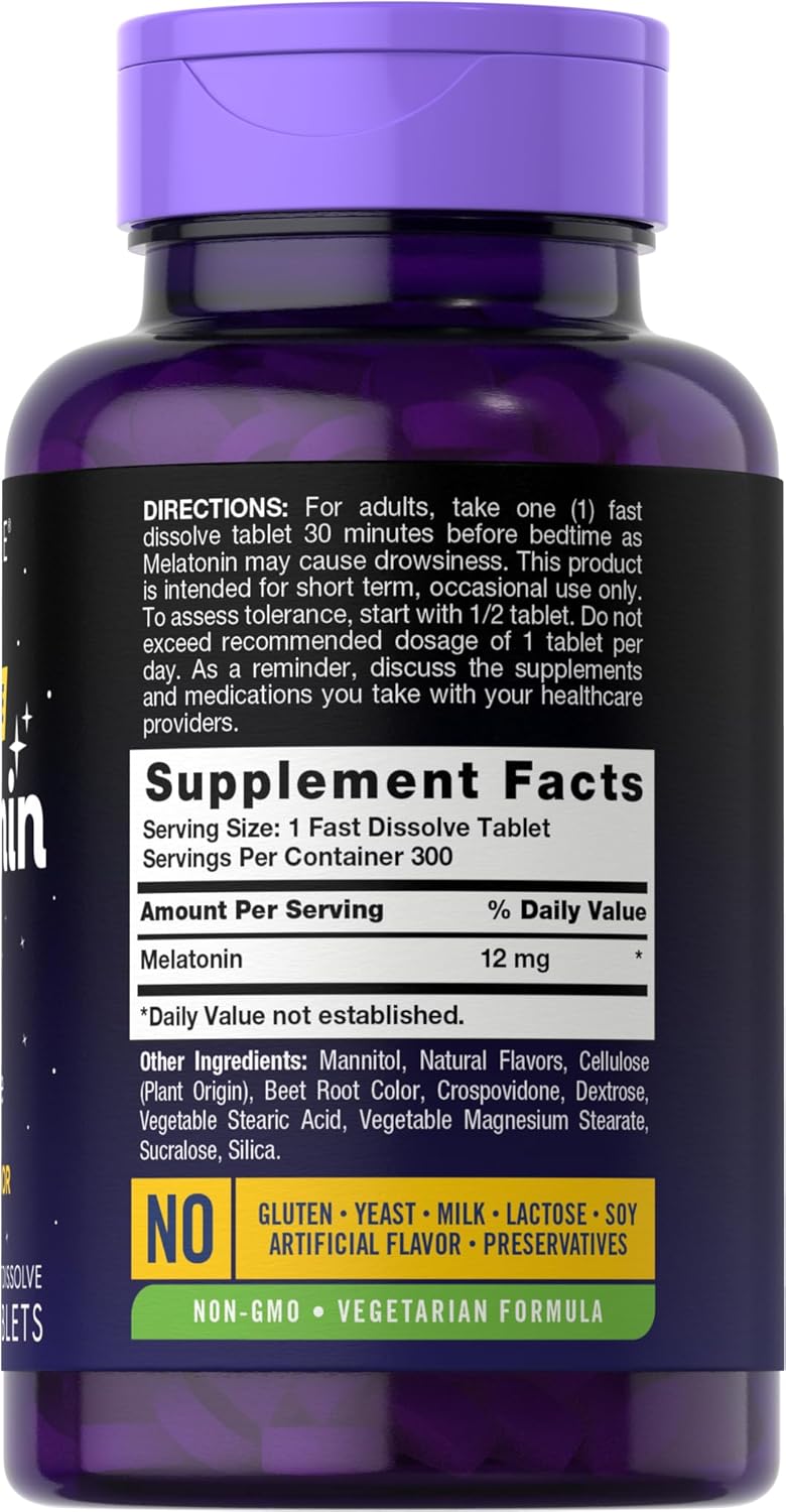 Carlyle Melatonin 12 mg Fast Dissolve 300 Tablets | Drug Free | Natural Berry Flavor | Vegetarian, Non-GMO, Gluten Free - Image 2