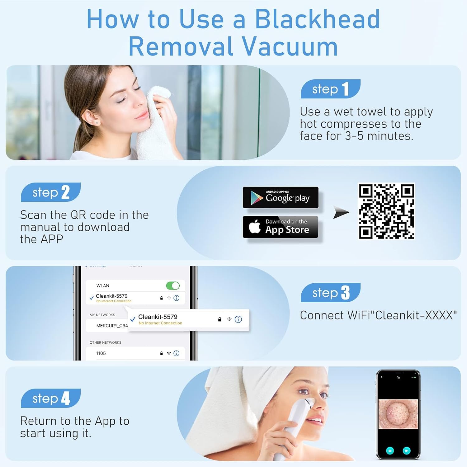 Facial Pore Blackhead Remover Vacuum, 1080P Camera Blackhead Remover, 20x Zoom, 8 LEDs & 3 Suction Modes, 800mAh Battery & USB - 6 Heads Pore Cleaner Kit for Women&Men(Orange) - Image 6