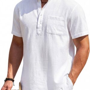 COOFANDY Men’s Cotton Linen Henley Shirt Short Sleeve Hippie Casual Beach T-Shirts with Pocket