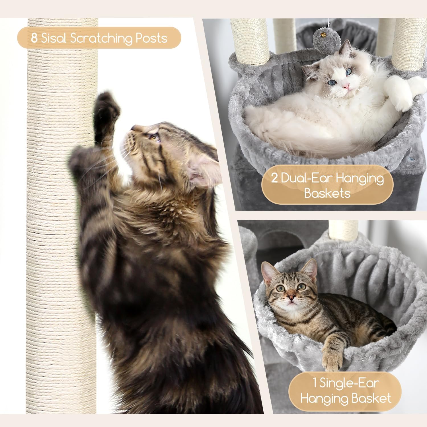 Globlazer Extra Large Cat Tree Tower, 82in Tall Heavy Duty Cat Tree for Indoor Cats Large Adult Big Cat Tower with 8 Scratching Posts, 2 Cat Condos, 2 Top Perches, 3 Hanging Baskets, S82, Light Grey - Image 4
